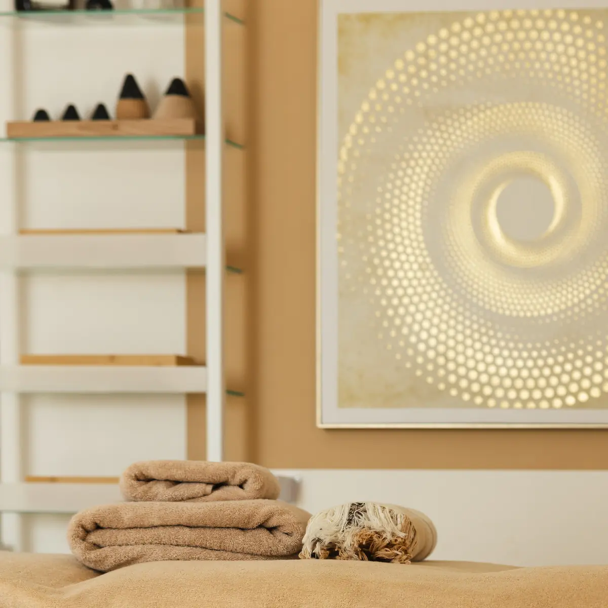 Detail der Praxis Bestereimer — goldenes Spiralenbild und Pflegeprodukte